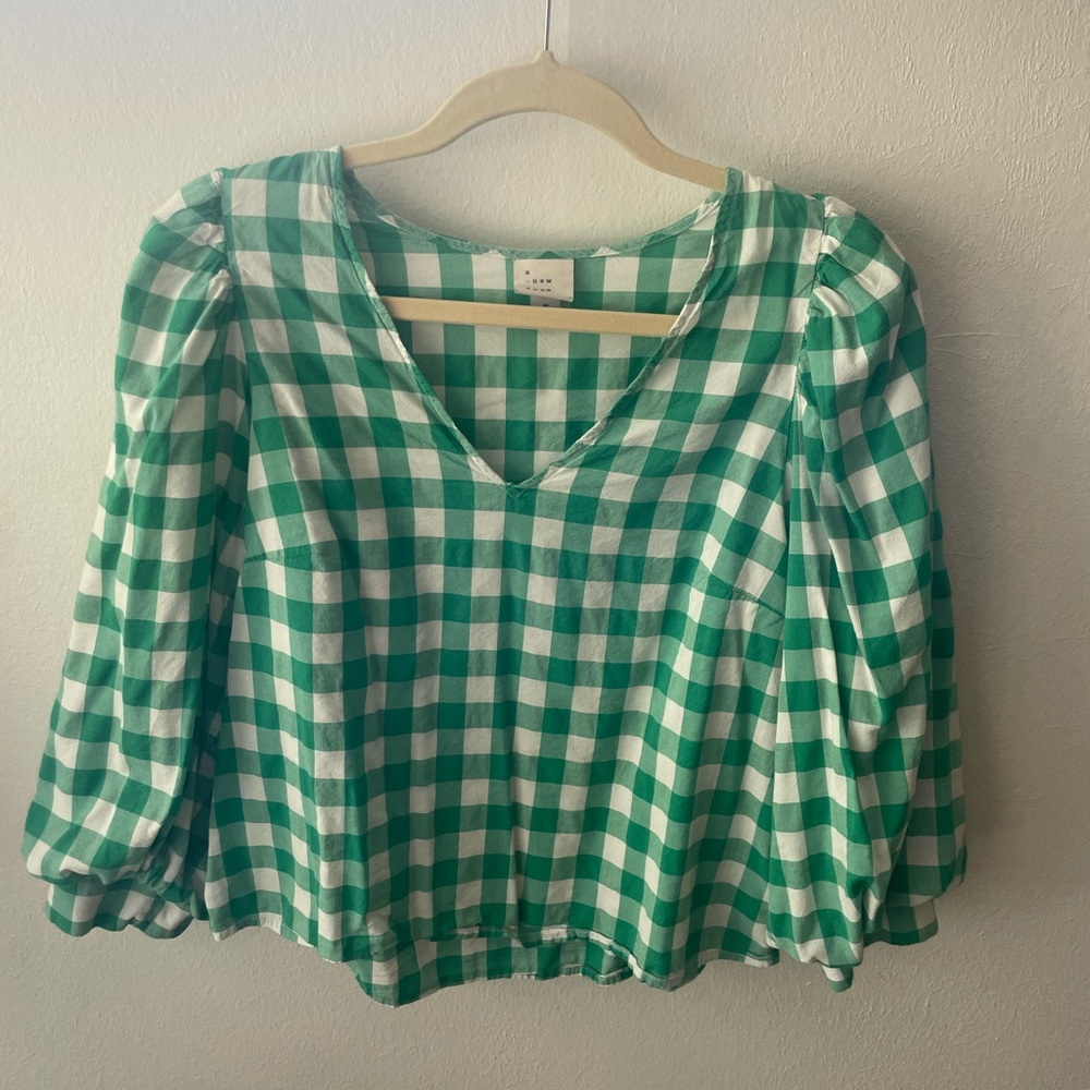 a new day Green and White Gingham V-Neck Puff Sleeve Top